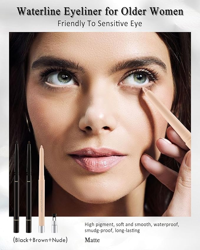 Black+Brown+Nude Waterline Eyeliner Pencil, Cream Gel Eye Liner Pencils for Older Women, Waterproof Smudge-Proof Retractable Eyeliner Pen, Long Lasting 24H, Water Line Eyeliner for Sensitive Eyes-3Pcs