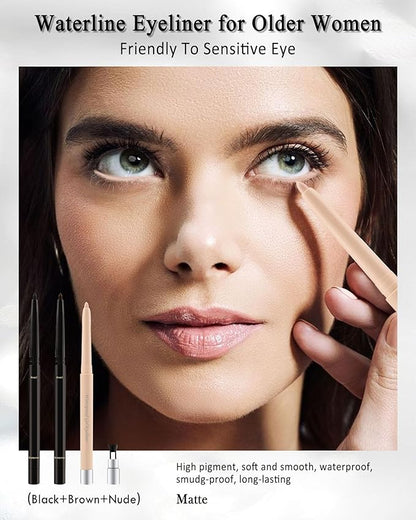 Black+Brown+Nude Waterline Eyeliner Pencil, Cream Gel Eye Liner Pencils for Older Women, Waterproof Smudge-Proof Retractable Eyeliner Pen, Long Lasting 24H, Water Line Eyeliner for Sensitive Eyes-3Pcs