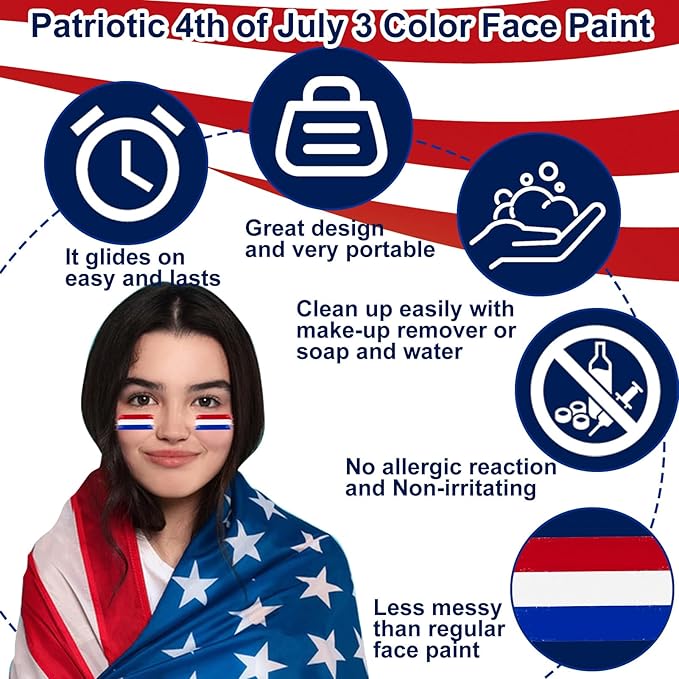 8pcs Red White and Blue Face Paint Stick, Long Lasting Patriotic Body Painting Baseball Eye Black America USA Flag Makeup Stick 4th of July Accessories for Kids Women Men Sports Party Independence Day
