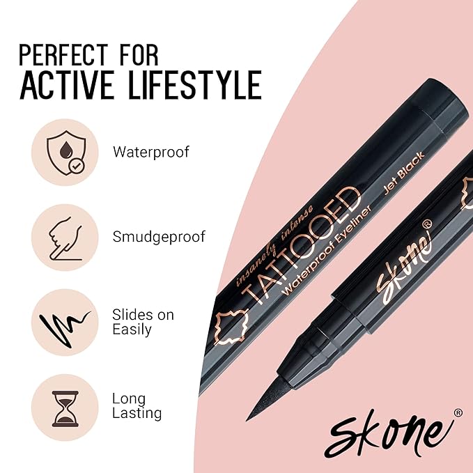 Skone Cosmetics Tattooed Eyeliner & Waterproof Mascara Bundle Duo - Pigmented Liquid Eye Liner & Quality-Smudge Proof Lashes Volumizing Mascara - Black Waterproof Eyeliner and Mascara Set