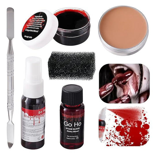 Go Ho Halloween Makeup Kit,Scar Wax+ Blood Splatter+ Sticky Edible Blood+ Coagulated Blood Gel and Sponges for SFX Cosplay Vampire Zombie Makeup
