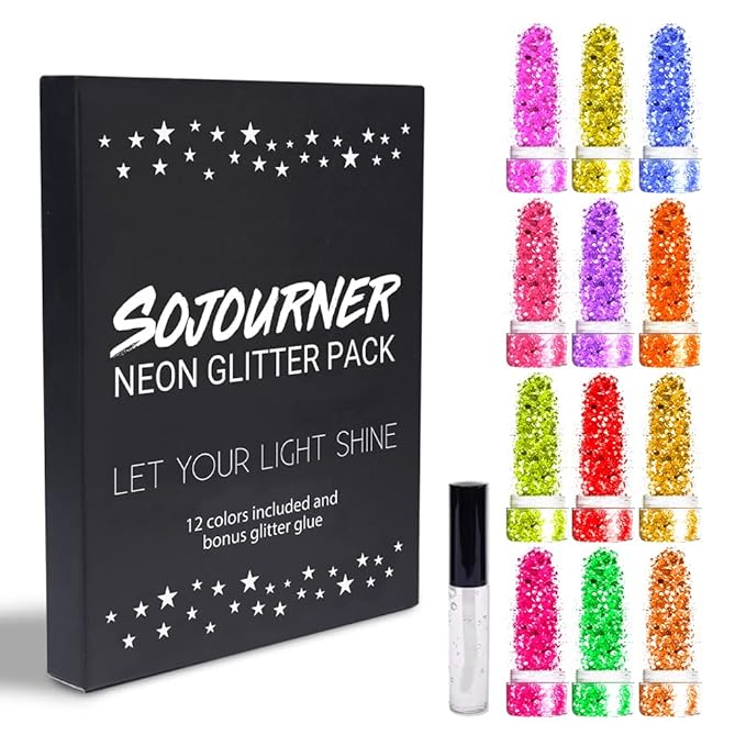 Neon Holographic Body Glitter I 12 Colors + 1 Glitter Glue for Face, Hair, Nail, Eye & Glitter Eyeshadow - Perfect for Halloween Makeup, Raves, Festivals, Resin, Tumblers, Cosmetic & Nail Art