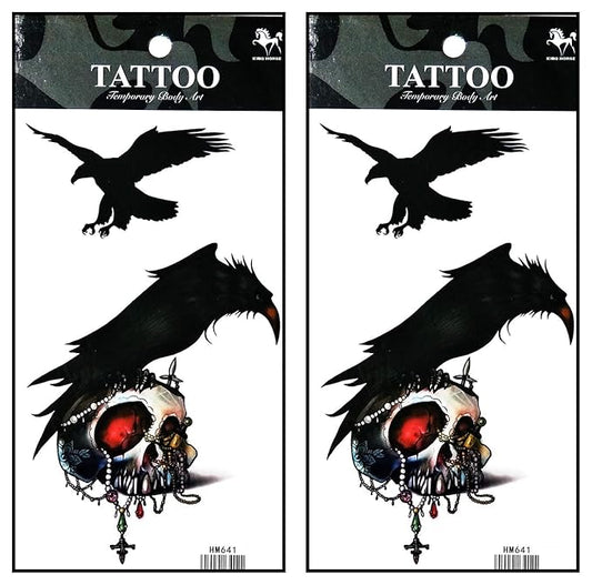 Tattoos 2 Sheets Black bird Horror skull Red eye Temporary Fake Tattoos Fantasy Fashion Women Sexy Body Painting Tatoo Sticker for Kid Teens Men Women