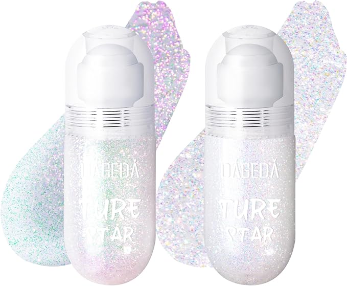 DAGEDA 2Colors Roll-on Body Glitter Gel for Body, Hair, Face, Holographic Glitter Makeup for Rave Accessories, Body Shimmer Hair Glitter Gel for Halloween Makeup(Dazzle + Sprakling Pink)