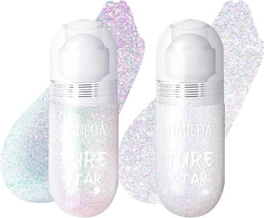 DAGEDA 2Colors Roll-on Body Glitter Gel for Body, Hair, Face, Holographic Glitter Makeup for Rave Accessories, Body Shimmer Hair Glitter Gel for Halloween Makeup(Dazzle + Sprakling Pink)