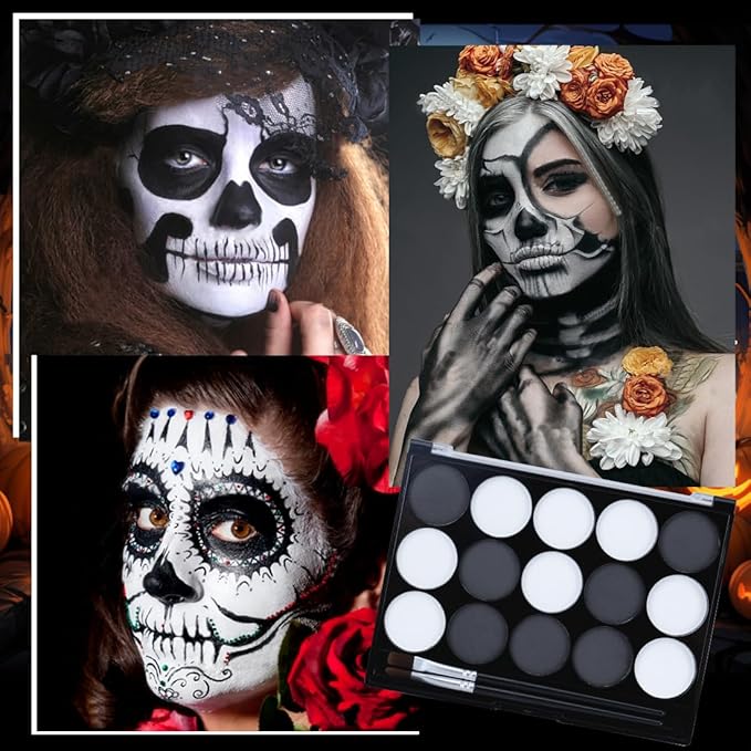 Black White Face Body Paint Kit with Brushes for Art Theater Halloween Party Cosplay Clown Sfx Makeup for Adult, Pro Water Activated Face Body Paint Washable Zombie Skeleton Makeup Kit (15 Colors)