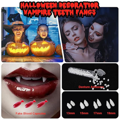 Vampire Blood and Fangs Makeup Kit,Vampire Teeth Costume 4 Size Fake Teeth,1 Fake Blood Spray,1 Dripping Blood,3 Blood Capsules,1Coagulated Blood Gel and 1 Sponges for Halloween Vampire Cosplay Makeup