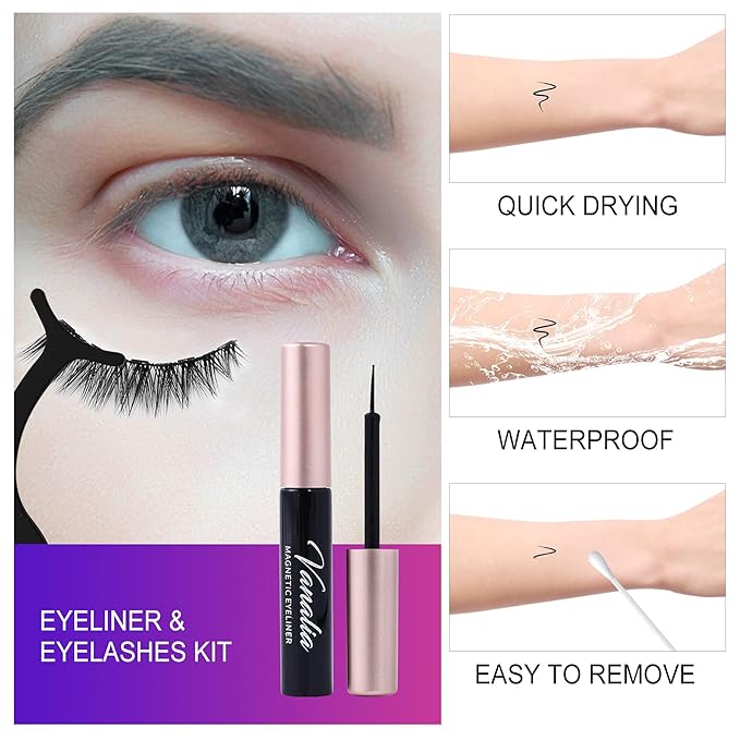 Magnetic Eyelashes with Eyeliner,Magnetic Eyelashes and Lashes Kit,3D 5D False Lashes, 5 Pairs with Tweezers, Easy to Wear-No Glue Needed