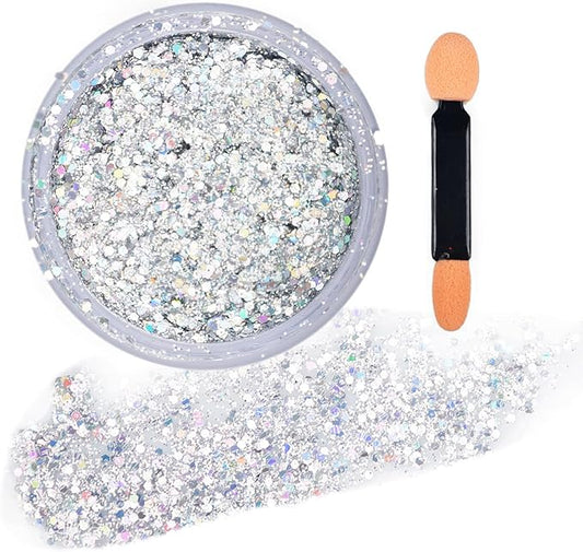 GL-Turelifes Colorful Sparkling Body Glitter Mermaid Sequins Chunky Glitter Gel Hair Glitter Gel Festival Glitter Cosmetic for Face Hair Nails Stage Bride Makeup Long Lasting 30ml (Silver)