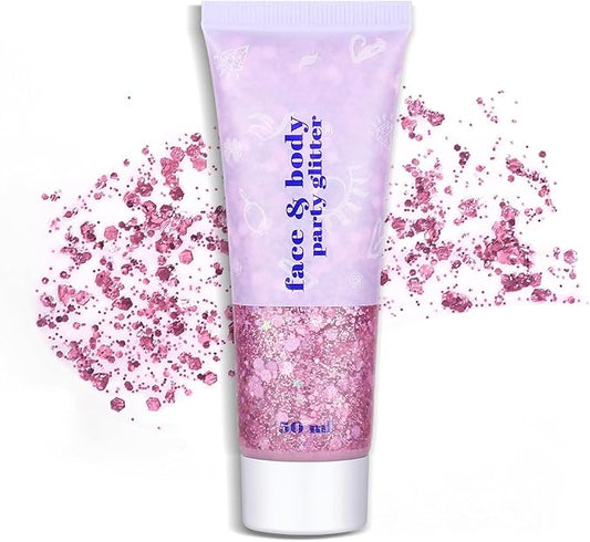 Long Lasting Pink Body Glitter Holographic Sparkling Cosmetic Grade Chunky Glitter for Face Hair (Pink)