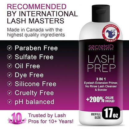 3 in 1 Eyelash Extension Primer Bulk 16 Oz - No Rinse Lash Cleanser and Bonder - Made in America Kit with 100 Wands for Lash Technicians and Brow Stylists for Optimal Retention - Fragrance Free