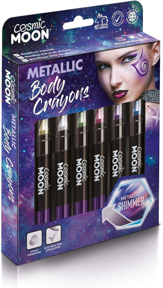 Cosmic Moon - Metallic Face Paint Stick / Body Crayon makeup for the Face & Body - 0.12oz - Easily create metallic designs like a pro! - Gift Set - Includes: Pink, Gold, Blue, Green, Silver, Purple
