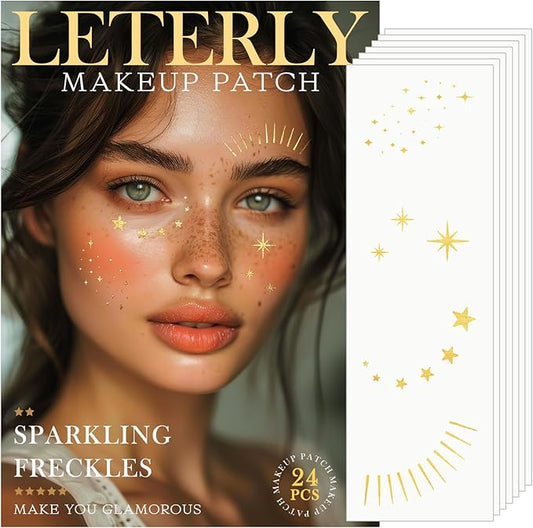 24 Pcs Glitter Freckles Face Tattoo,Gold Face Glitter Makeup Patches Cute Sparkle Freckles Patches Waterproof Makeup Speckles for Face Accessories for Women Girls