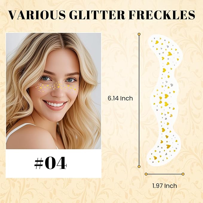 Glitter Freckles Face Tattoo, Temporary Fake Freckles, Waterproof and Sweatproof Face Sparkles for Party, Music Festival 6 Counts with 1 Tape(Heart-Shaped)