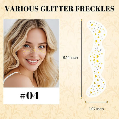 Glitter Freckles Face Tattoo, Temporary Fake Freckles, Waterproof and Sweatproof Face Sparkles for Party, Music Festival 6 Counts with 1 Tape(Heart-Shaped)