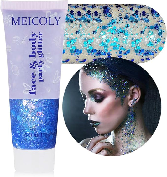 MEICOLY Chameleon Blue Body Glitter,Chunky Face Glitter Gel,Color Changing Mermaid Singer Concerts Glitter,Sparkling Glitter for Face Body Hair,Halloween Festival Party Glitter Makeup,50ml