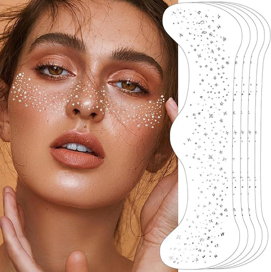Glitter Freckles Face Tattoo - 6 PCS Silver Makeup Speckles, Glow Up Patches for Face