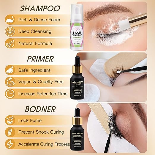 Lash Bonder Primer and Shampoo Kit for Eyelash Extensions, Glue Accelerator Lash Sealant, Pre-treatment Primer Protein Oil Cleanse Remover, Makeup Tools for Professional Use (15ml+15ml+60ml)