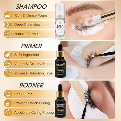 Lash Bonder Primer and Shampoo Kit for Eyelash Extensions, Glue Accelerator Lash Sealant, Pre-treatment Primer Protein Oil Cleanse Remover, Makeup Tools for Professional Use (15ml+15ml+60ml)