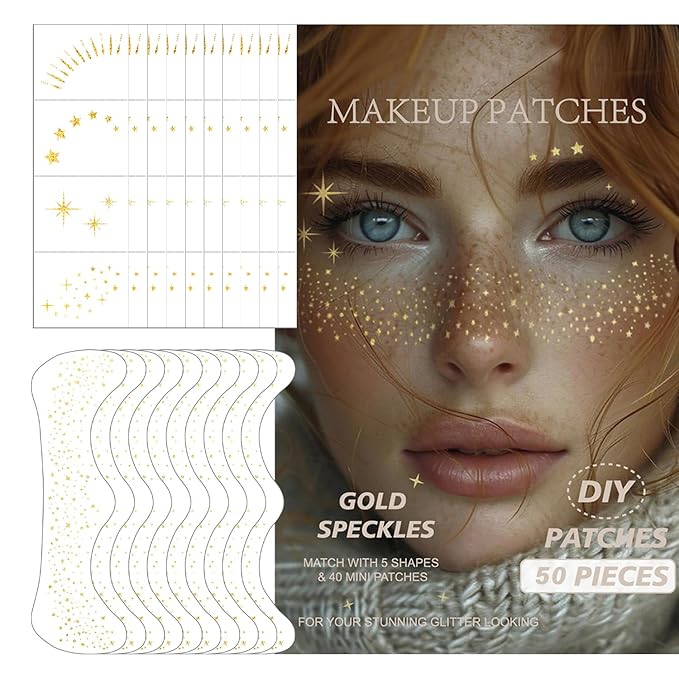 50 Pcs Makeup Patches,Gold-Face Glitter Speckles Patches,Glitter Freckles Face Tattoo, Sparkle Makeup Patches,Glow Up Makeup Patches,Waterproof Face Glitter Speckles Patches for Helloween (Gold)