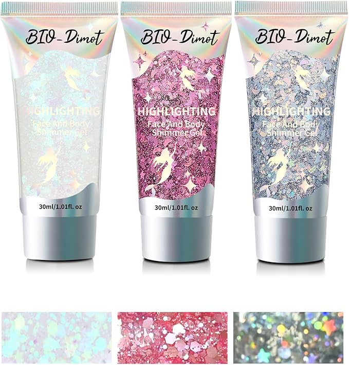 Body Face Chunky Glitter Gel - Face Sparkles Glitter Gel Makeup for Singer Concerts Disco Festival Rave Accessories 30ml Chunky Sequins Mermaid Face Body Hair Glitter Gel (White&Silver&Pink)