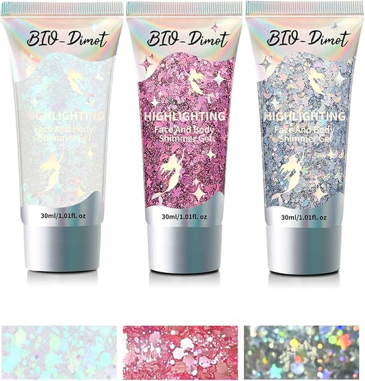 Body Face Chunky Glitter Gel - Face Sparkles Glitter Gel Makeup for Singer Concerts Disco Festival Rave Accessories 30ml Chunky Sequins Mermaid Face Body Hair Glitter Gel (White&Silver&Pink)