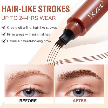 3D Microblading Eyebrow Pencil, 2024 New Waterproof Microblading Eyebrow Pencil Contouring Pen with 4 Fork Tip & Spoolie Brush, Precise Brush-Tip Create Natural Hair-Like Brows (#3 Brown)