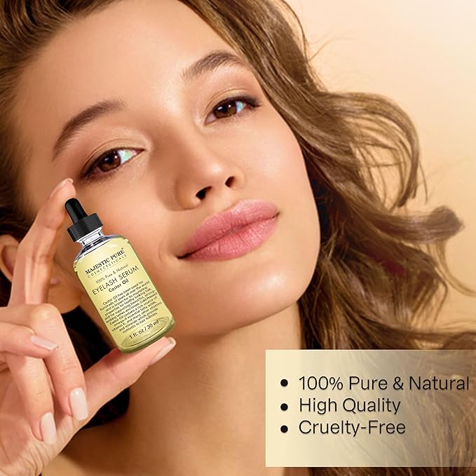 Majestic Pure Castor Oil Eyelash Serum - with Apple & Argan Stem Cells - Eyelash Growth Serum for longer thicker Eyelashes, Eyebrows & Hair - Free Set of Mascara Brush & Eyeliner Applicator - 1 fl oz