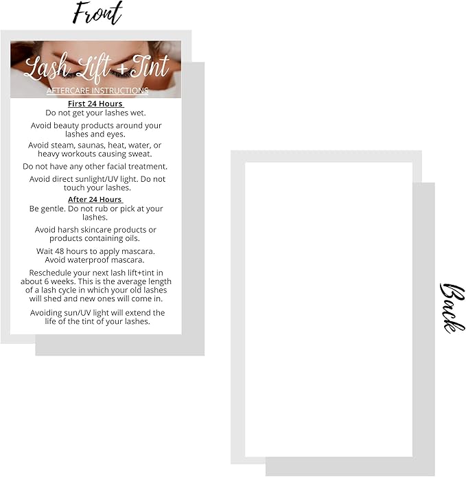 Lash Lift + Tint Aftercare Instruction Cards | 50 Pack | 2 x 3.5” inches Business Card Single Side | Eyelash Lift and Tint Kit at home diy aftercare supplies | White with Lash Photo Design