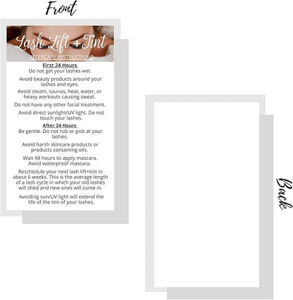 Lash Lift + Tint Aftercare Instruction Cards | 50 Pack | 2 x 3.5” inches Business Card Single Side | Eyelash Lift and Tint Kit at home diy aftercare supplies | White with Lash Photo Design