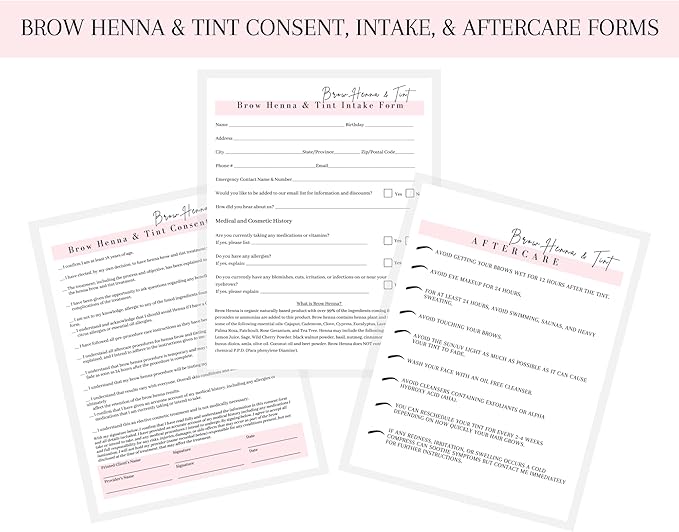 Brow Henna and Tint Intake Forms, Consent, and Aftercare Instruction Cards | 75 pk, 25 of Each | for Client Signature Medical History Information 8.5x11” A1