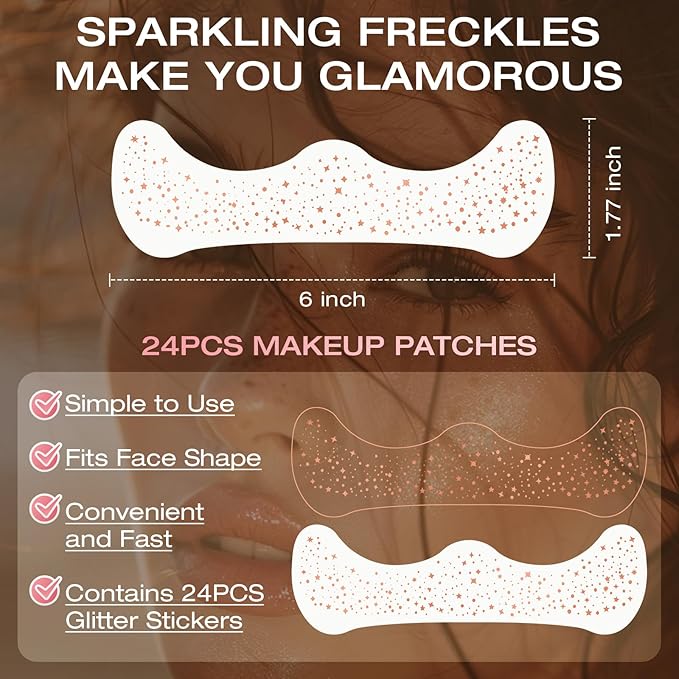 24 Pcs Glitter Freckles Face Tattoo,Rose Gold Face Glitter Makeup Patches Cute Sparkle Freckles Patches Waterproof Makeup Speckles for Face Accessories for Women Girls