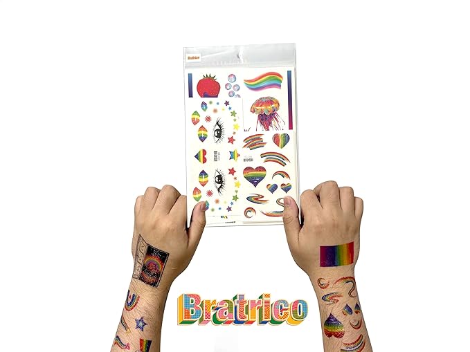 107PCS Artist-Designed Temporary Tattoos – LGBTQ+ Pride Fake Tattoos, Glitter Stickers for Adults, Festival Accessories & Fiesta Party Favors Kit