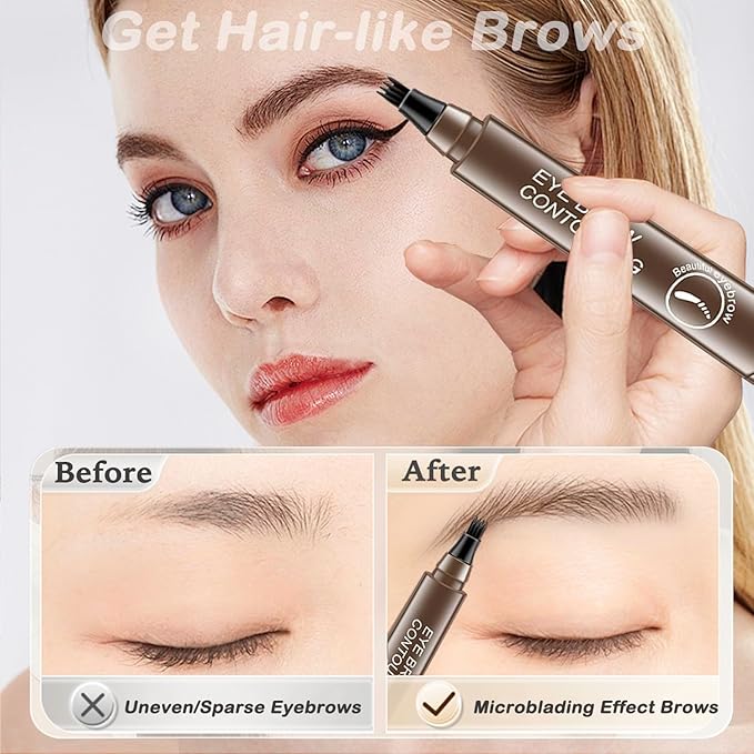 Microblading Eyebrow Pen, PreciRise Eyebrow Pen with a 4 Micro-Fork Tip and One“8 x 6'' IN Double Sides Practice Skin for Natural Looking Hair-Like Defined Brows, Stays on All Day, Dark Brown