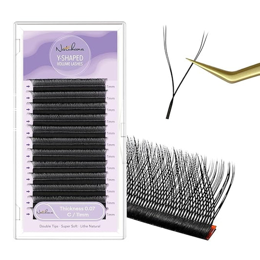 YY Eyelash Extension 0.07mm C Curl 11mm Tray Lash Supplies Premade Fans Y Shape Volume Lash 12 Rows Premium Faux Mink Lash Extensions (11mm, Black; 0.07C)
