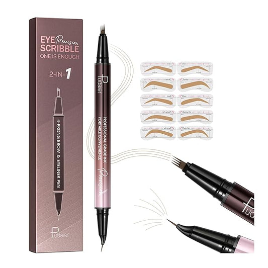 Dual-Ended Eyebrow Pencil and Eyeliner, 2-in-1 Eyebrow Pencils for Women with 4 Fork-Tip and Curved Eyeliner, Microblading Eyebrow Pen Create Natural Hair-Like Brows, Light Blond