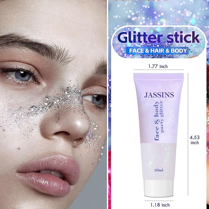JASSINS 2 Pack Face Body Glitter, 100ml Silver White Glitter Gel Makeup for Women Girls Kids, Singer Concerts Festival Rave Accessories, Chunky Mermaid Sequins Glitter
