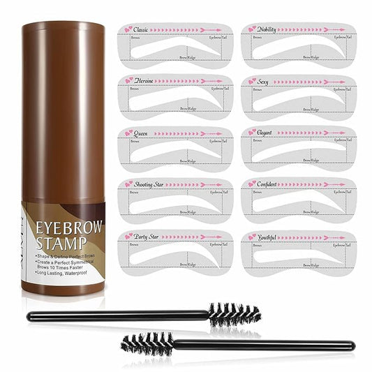 Eyebrow Stamp Stencil Kit – Waterproof Brow Stamp Shaping Kit Eyebrow Definer with 2 Eyebrow Pen Brushes and 10 Eyebrow Buildable Brow Stencils, Natural Shape Brow Powder Makeup Tools (Dark)
