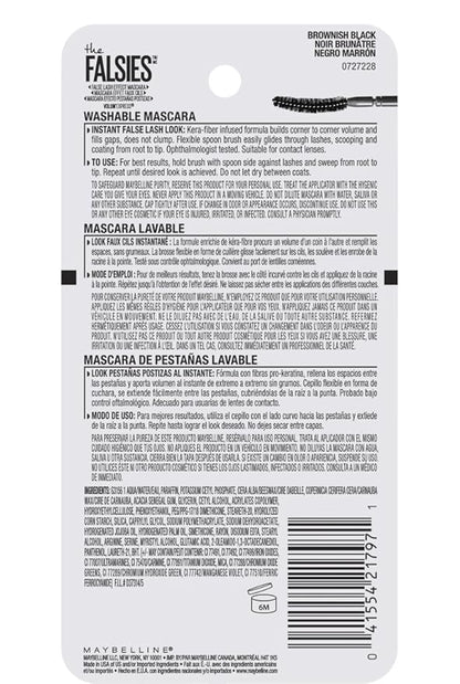 Maybelline Volum' Express The Falsies Washable Fiber Mascara, Volumizing and Separating Make Up Formula, Brownish Black, 1 Count