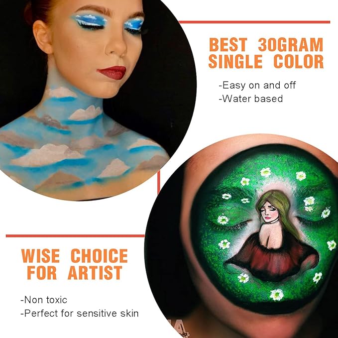 Bowitzki 30g Professional Face Paint Body Paint Water Based Face painting Makeup Safe for Kids and Adults Split Cake Single Color (White+Orange)