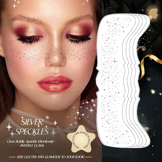 6 Pcs Glitter Freckles Face Tattoo,Waterproof Makeup Patches -Sliver-Face Glitter Speckles Patches,Glow Up Makeup Patches,Cosmetic Glitter for Face - Cute Glitter Makeup Accessories for Women