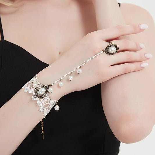 Gothic Pearl Lace Steampunk Wristband Vintage Pearl Pendant Tassel Lace Hand Chain with Finger Ring Lolita Lace Hand Accessories for Women and Girls (Style 3)