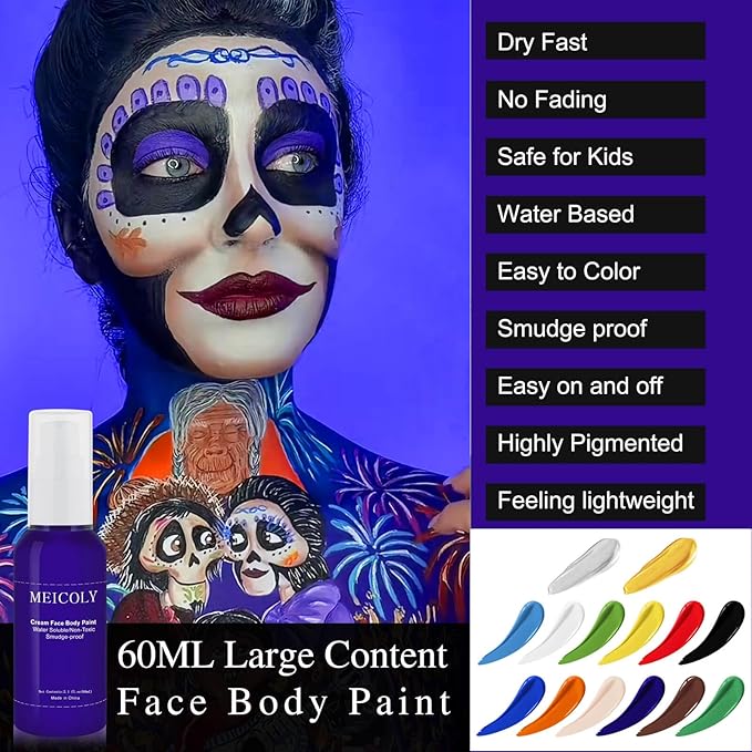 MEICOLY Cream Dark Blue Face Body Paint,2.1Oz Smudge-Proof Face Paint,Water Based Washable Body Paint for Adults and Kids,Halloween SFX for Smurf Mystique Cosplay Avatar Makeup