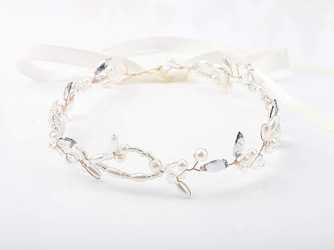 Kercisbeauty Wedding Bridal Headband with Pearl Crystal Headpiece for Women Girls Prom Headpiece Vintage Boho Tiara Bridesmaid Hair Accessories (Rose Gold)