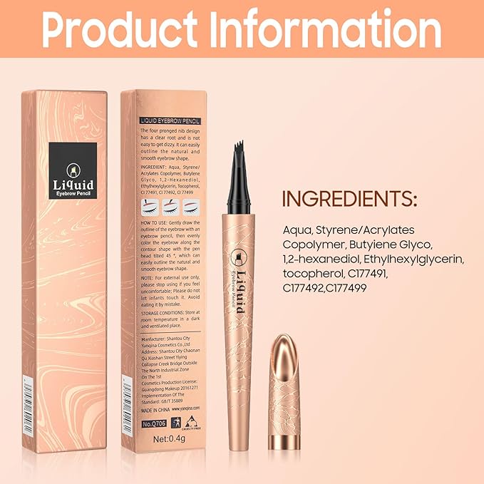 Eyebrow Pen - Liquid Eye Brow Microblading Pencil With Micro 4 Point Lift & Brow Pen Snatch, Long-Lasting Waterproof for Natural Eyebrow Hair Eye Makeup (Black,04#)