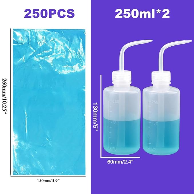 Tattoo Wash Bottle Bags 250pcs and 2pcs squeeze bottles (8oz x 2 Bottles) Tattoo Bottle Bags Covers Disposable Wash Bottle Bag Cover Squirt Bottle Tattoo Machine Bags Starter Kit