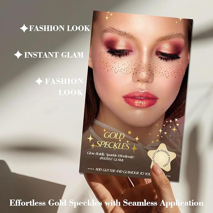6 Pcs Glitter Freckles Face Tattoo,Waterproof Makeup Patches,Face Glitter Speckles Patches,Glow Up Makeup Patches,Cosmetic Glitter for Face - Cute Glitter Makeup Accessories for Women - Gold