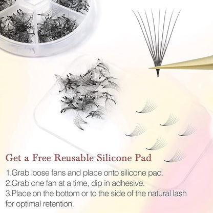 Premade Fans Eyelash Extensions 600 pcs Small Base Promade Loose Fans Stable C Curl 9-14mm Mix Lengths Short Stem Pre Made Volume Lashes with Reusable Silicone Pad by EMEDA (10D 0.07 C 9-14mm)