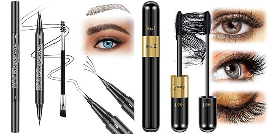 Mascara Black Volume and Length & Microblading Eyebrow Pen Dark Brown, 4D Silk Fiber Mascara Natural and False Effect, Waterproof Hair Like Natural Liquid Eyebrow Pencil