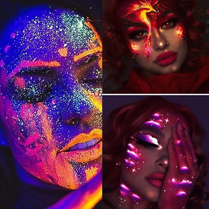 Go Ho UV Blacklight Neon Gold Face Body Paint,Water Based Bright Color Neon Fluorescent Body Paint with Cushion Applicator,Glow In The Dark Under UV Lighting Party Halloween Makeup Washable